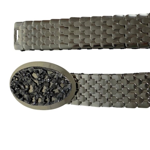 Retro Mermaid Scale Stretch Belt Size L to XL Silver Floral Buckle VTG 80s Cinch - Picture 5 of 13